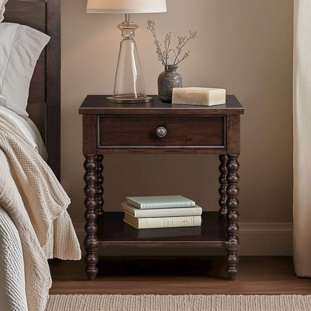 Beckett Turned Wood Spindle Nightstand with Drawer & Shelf