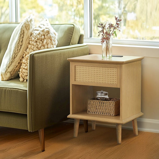 Rattan Accent Side Table with Drawer Storage & Lower Open Shelf