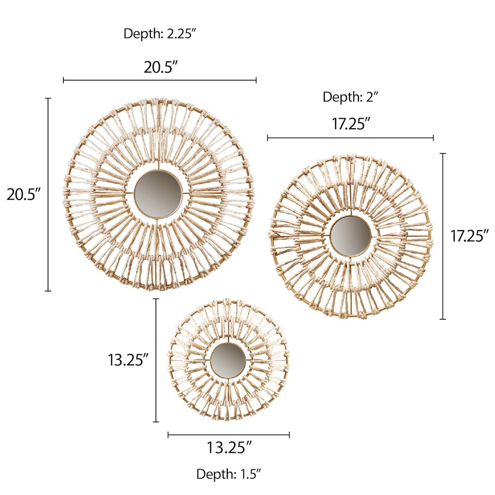 Round Natural Fiber and Mirror 3-piece Wall Decor Set