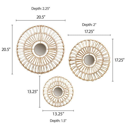 Round Natural Fiber and Mirror 3-piece Wall Decor Set