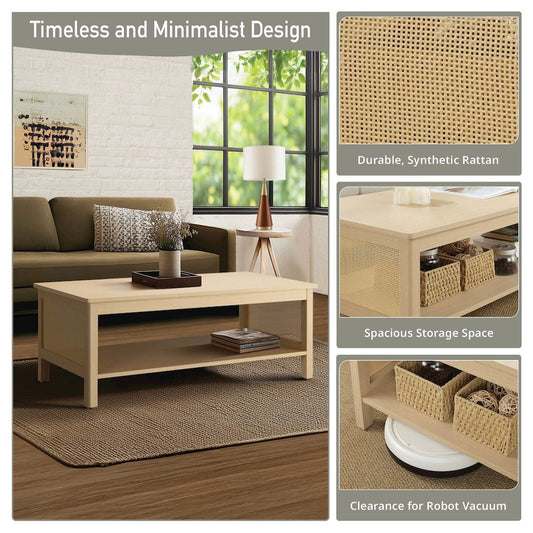 2-Tier Coffee Table with Rattan Sides & Spacious Open Shelf Storage