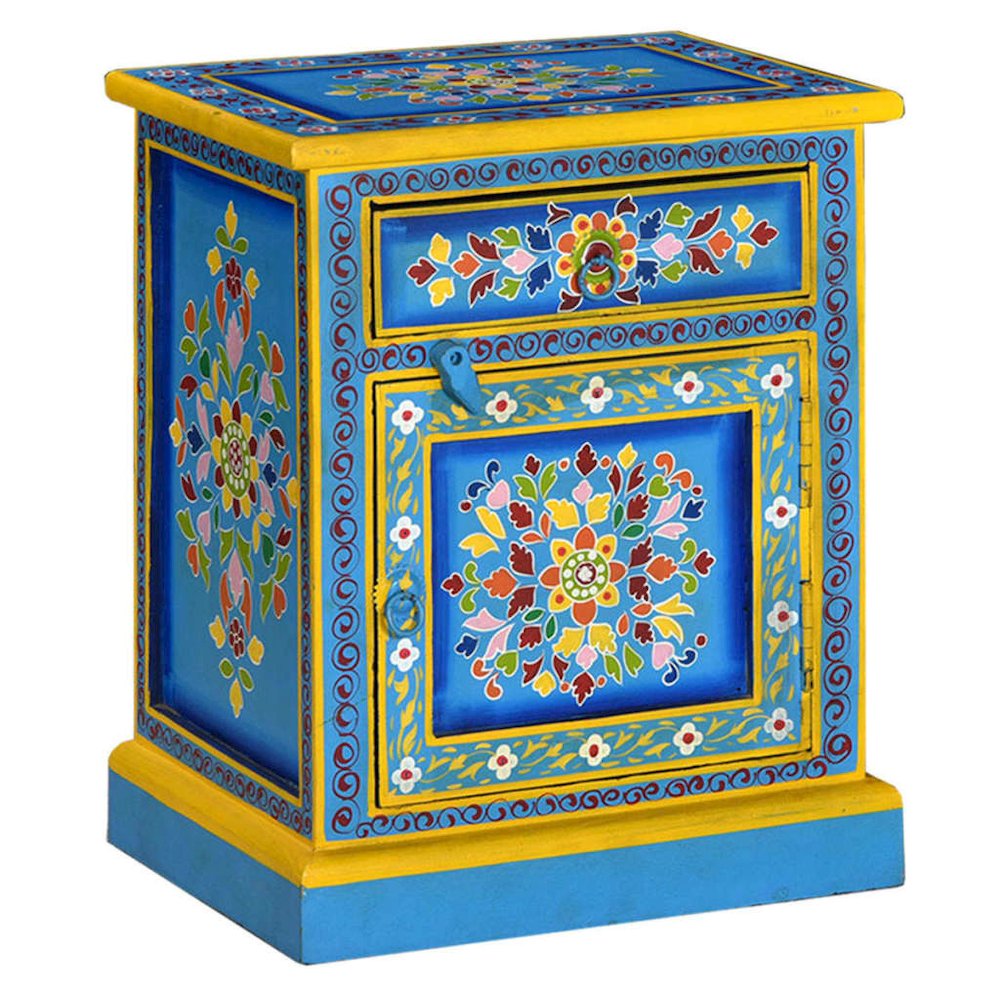 Bedside Cabinet Turquoise, Yellow, Multicolor Solid Mango Wood