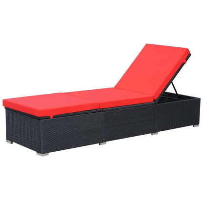 Sun Lounger Black Red PE Rattan, Powder-Coated Steel, Polyester