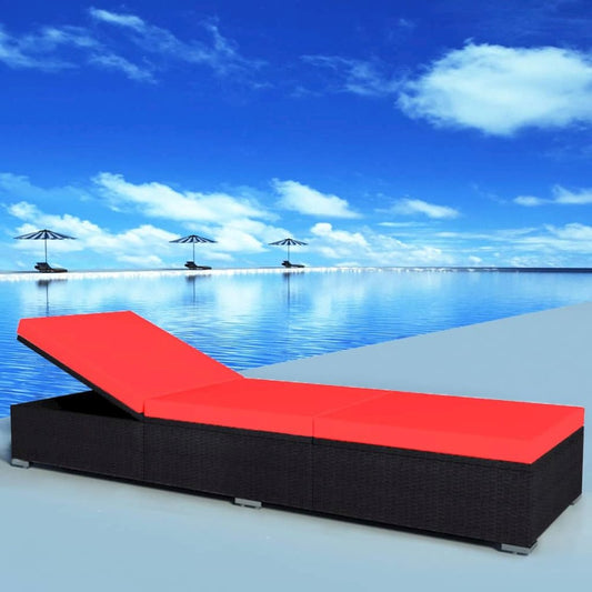 Sun Lounger Black Red PE Rattan, Powder-Coated Steel, Polyester