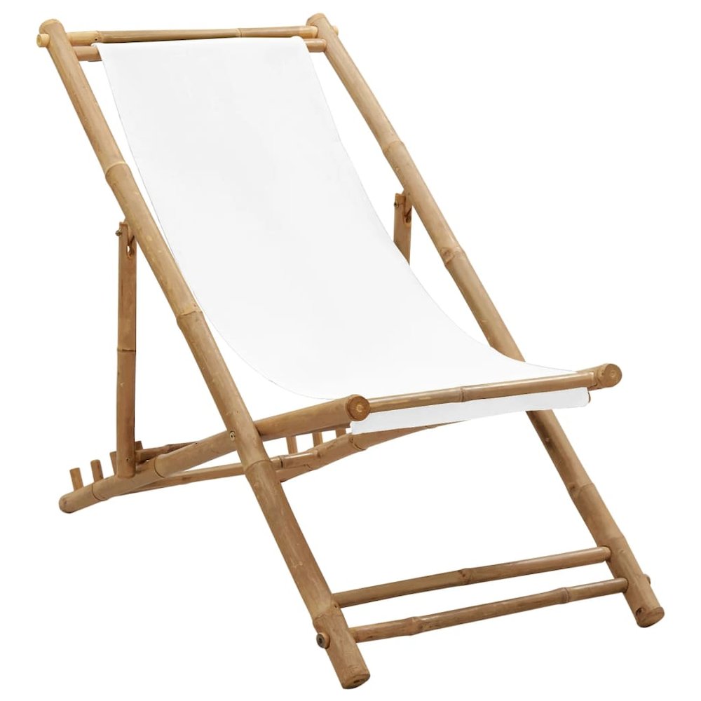 Sun Lounger White Bamboo Medium Collapsible Folding Sun Lounger