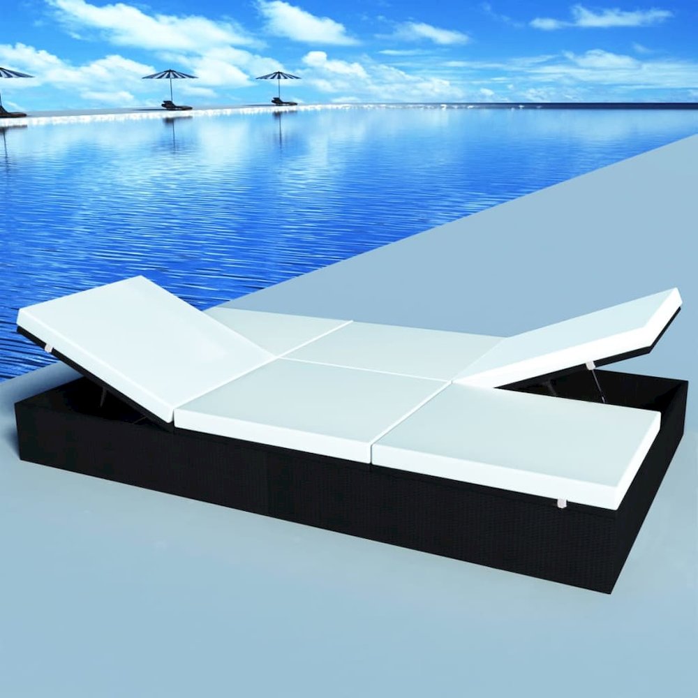 Sun Lounger Black PE Rattan Double Removable Covers Sun Lounger