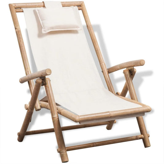 Sun Lounger White Bamboo, Canvas Standard Foldable Sun Lounger