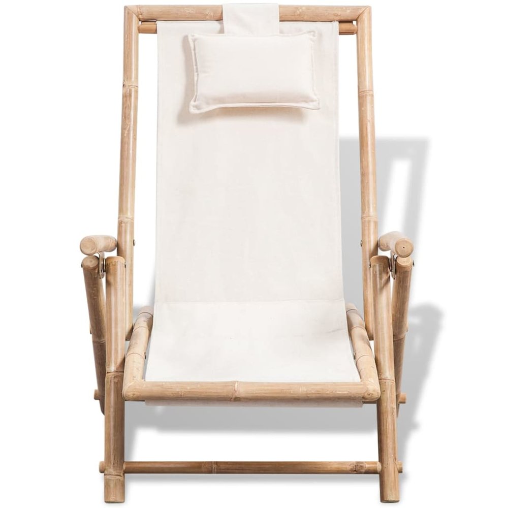 Sun Lounger White Bamboo, Canvas Standard Foldable Sun Lounger
