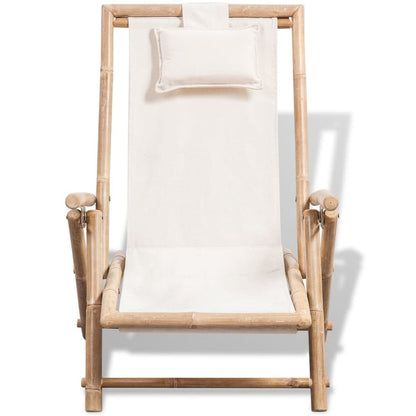 Sun Lounger White Bamboo, Canvas Standard Foldable Sun Lounger