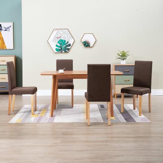 Dining Chair Set of 4 Brown Fabric and Solid Rubber Wood Medium