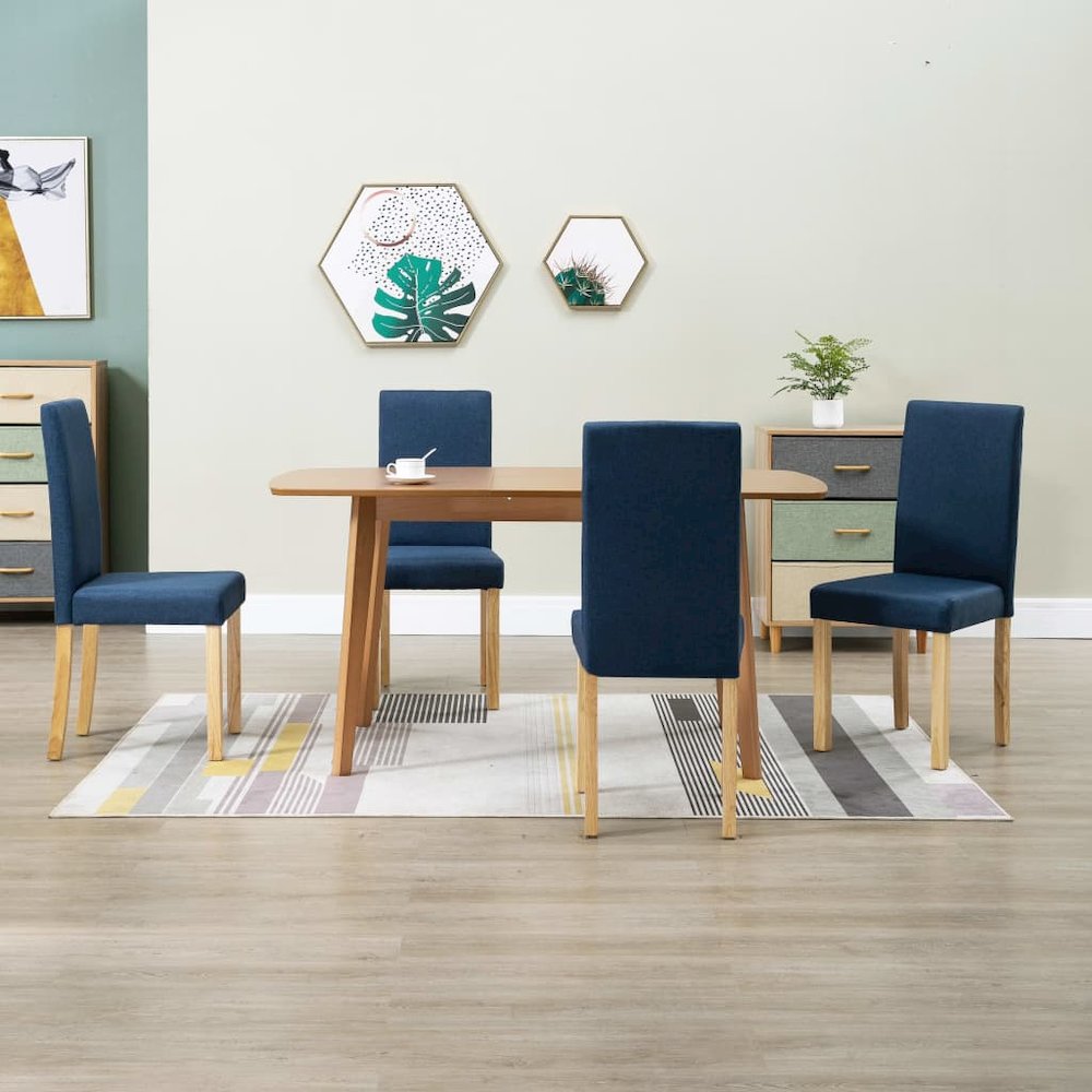 Dining Chair Set of 4 Blue Fabric and rubber wood Standard