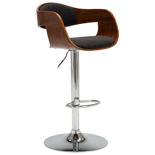 Bar Chair Grey and Brown Fabric, Bent Wood, Chromed Metal