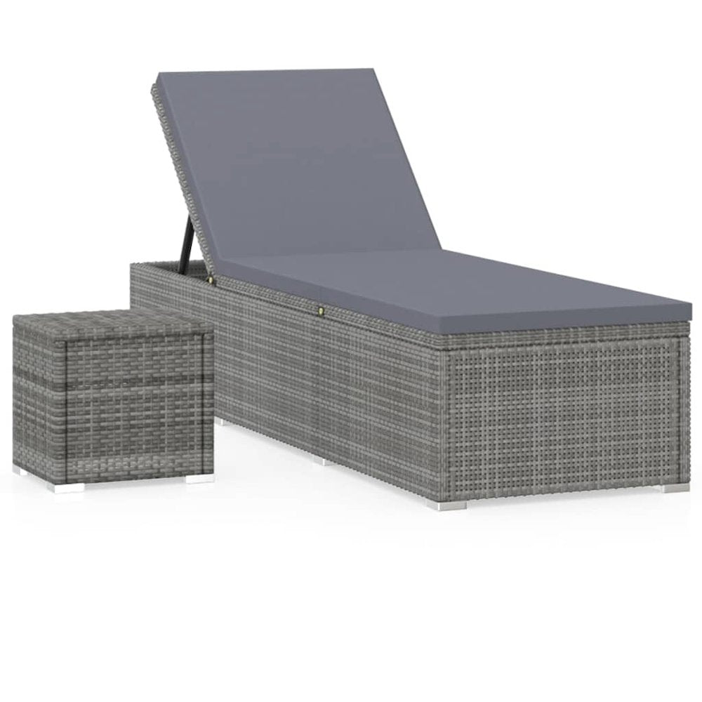 vidaXL Sun Lounger with Cushion and Tea Table Poly Rattan Gray, 46227