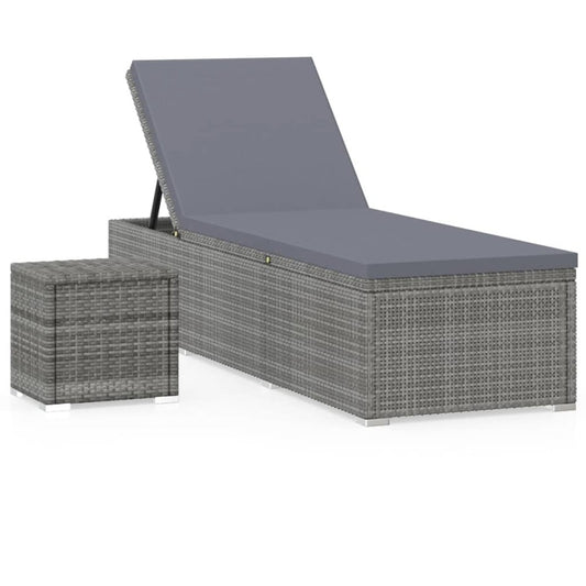 vidaXL Sun Lounger with Cushion and Tea Table Poly Rattan Gray, 46227