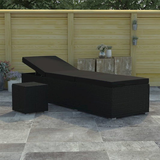 vidaXL Sun Lounger with Cushion and Tea Table Poly Rattan Black, 46228