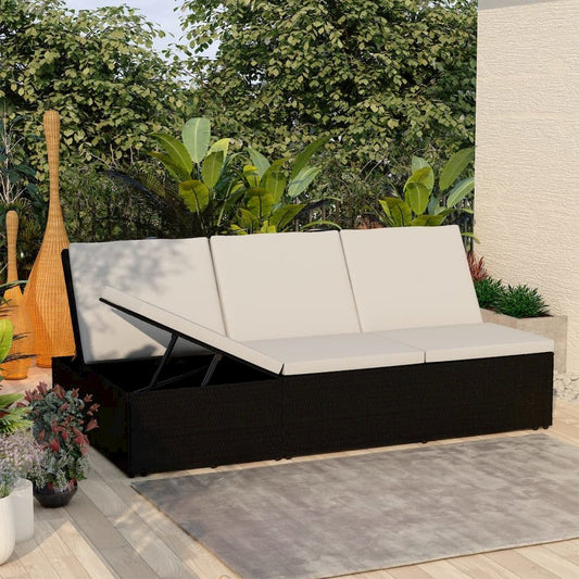 Sun Bed Black and Cream White Poly rattan, powder-coated steel