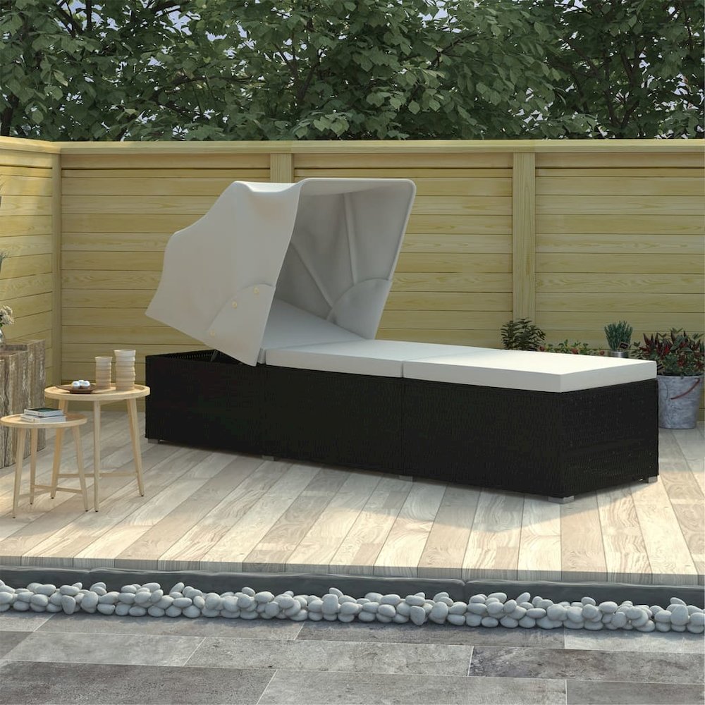 Sun Lounger Black and Cream PE Rattan Standard Foldable