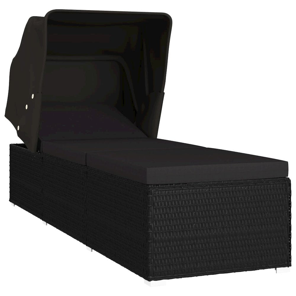Sun Lounger Black PE Rattan, Powder-Coated Steel, 100% Polyester