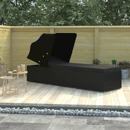 Sun Lounger Black PE Rattan, Powder-Coated Steel, 100% Polyester
