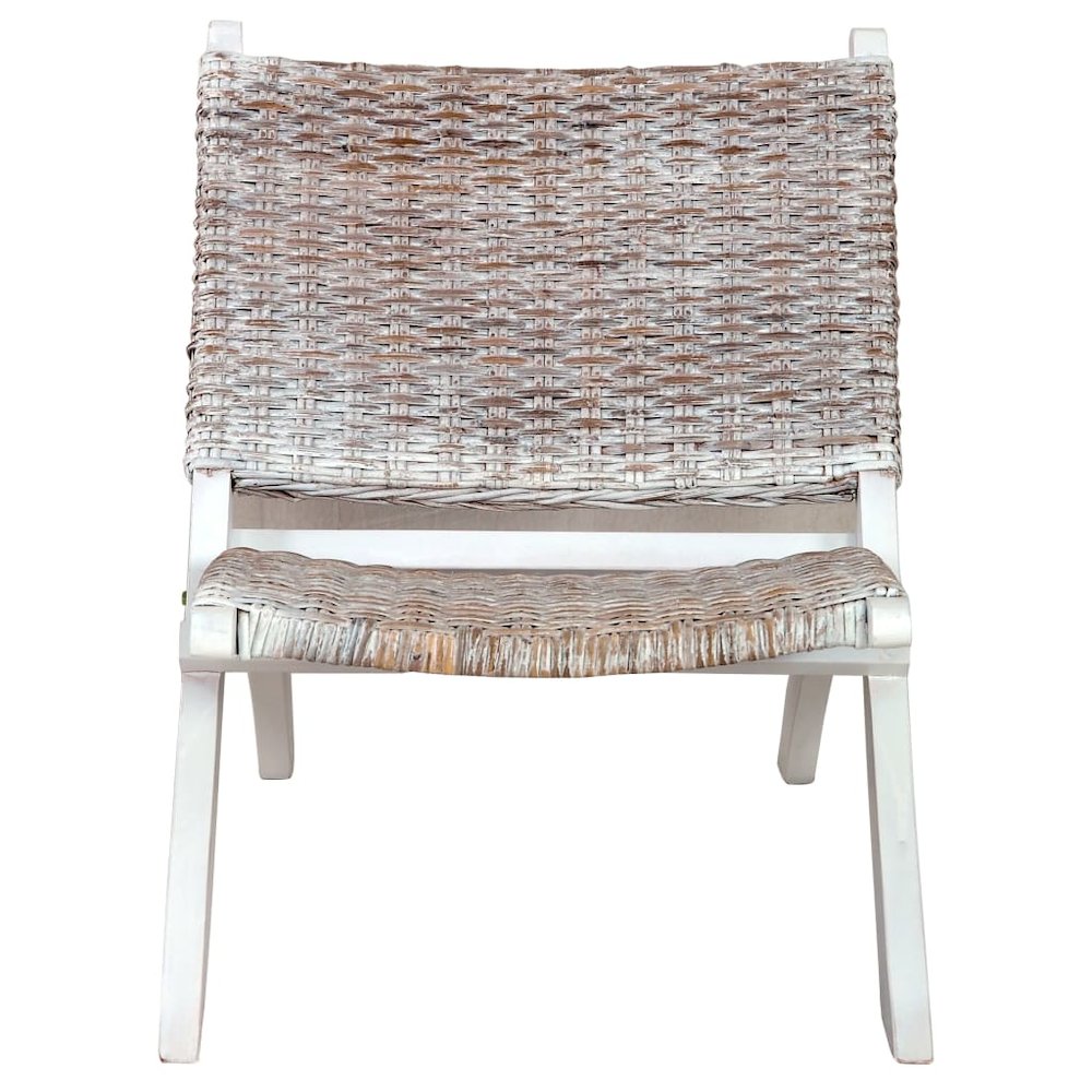Relaxing Chair White, Natural Kubu Rattan, Solid Mahogany Wood