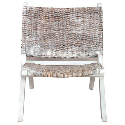 Relaxing Chair White, Natural Kubu Rattan, Solid Mahogany Wood