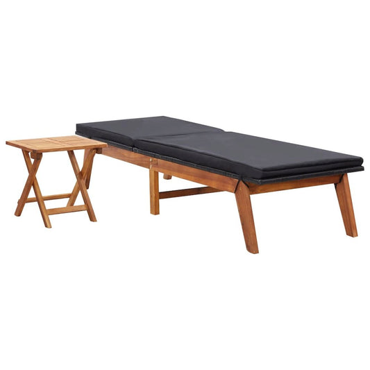 Sunlounger Black and brown PE rattan and solid acacia wood Large