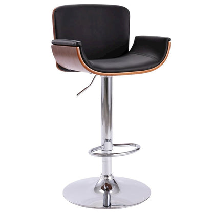 Bar Chair Black and dark brown Faux leather, bent wood, chrome metal