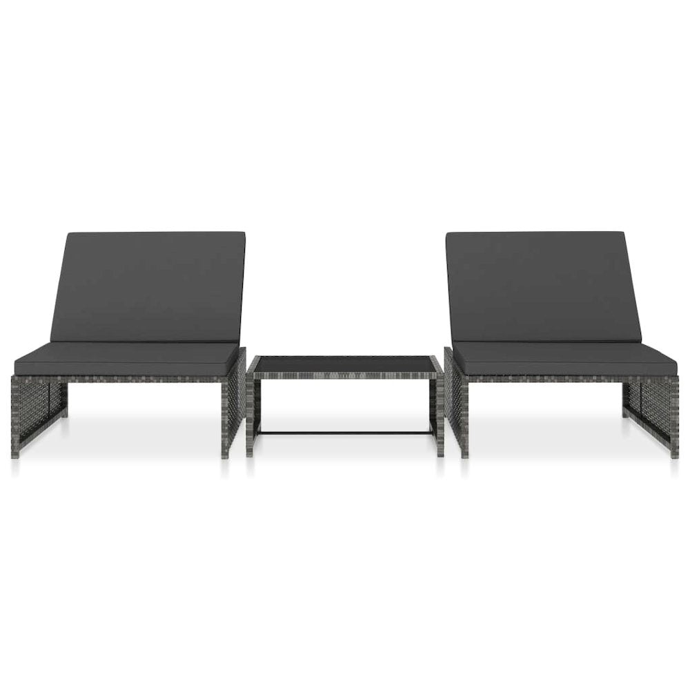 vidaXL Sun Loungers 2 pcs with Table Poly Rattan Gray, 47401