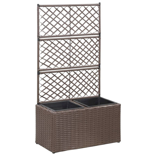 vidaXL Trellis Raised Bed with 2 Pots 22.8"x11.8"x42.1" Poly Rattan Brown, 46937