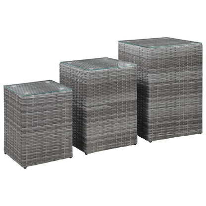 vidaXL Side Tables 3 pcs with Glass Top Gray Poly Rattan, 46985