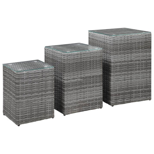 vidaXL Side Tables 3 pcs with Glass Top Gray Poly Rattan, 46985