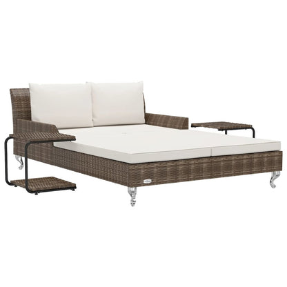 Sun Lounger Brown and Cream Poly Rattan, Powder-Coated Steel, Fabric