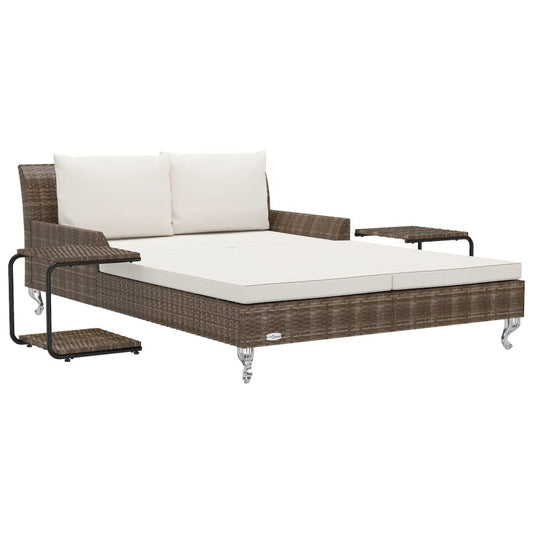Sun Lounger Brown and Cream Poly Rattan, Powder-Coated Steel, Fabric