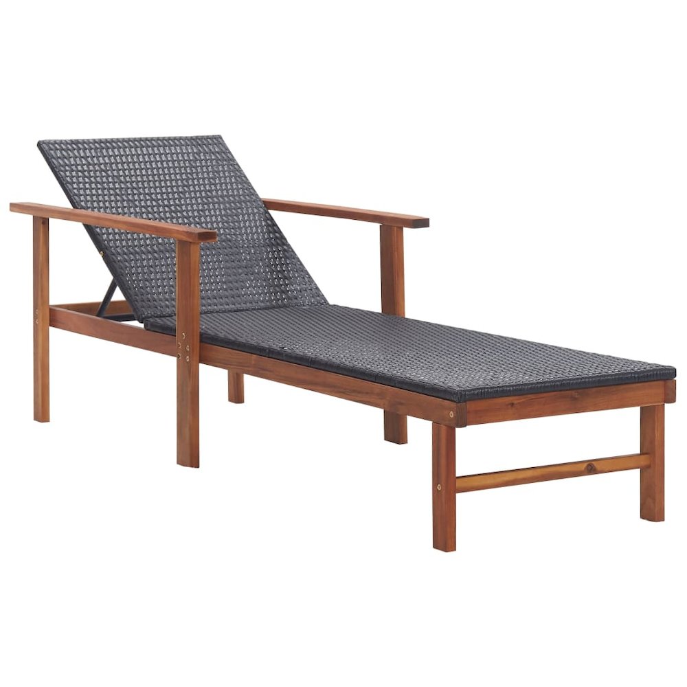 Sunlounger Black PE Rattan, Solid Acacia Wood Standard Sunlounger
