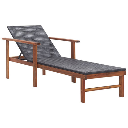 Sunlounger Black PE Rattan, Solid Acacia Wood Standard Sunlounger