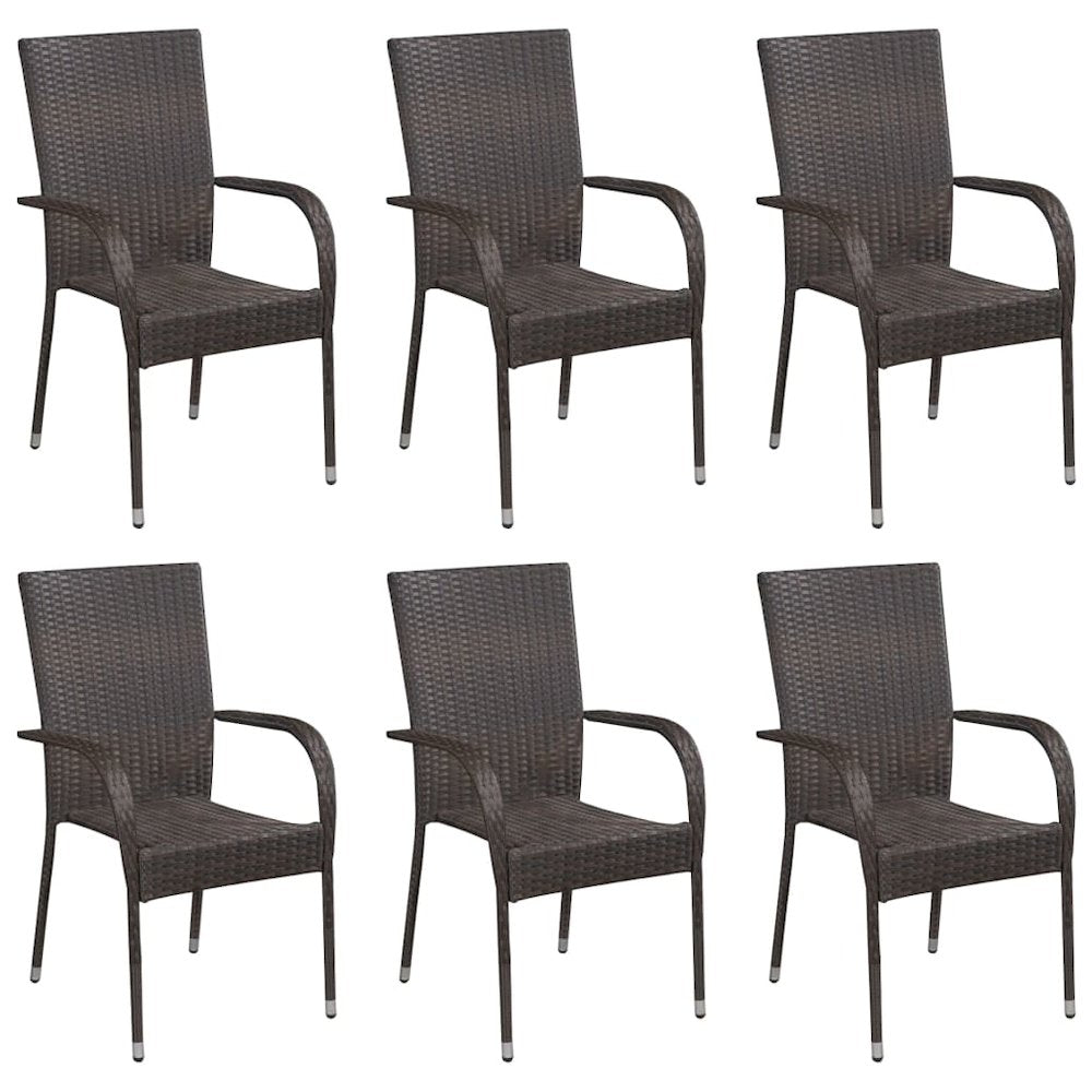 Dining Chair Set of 6 Brown PE Rattan, Powder-Coated Steel