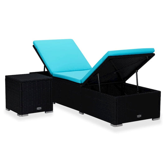 Sun Lounger Black, Blue PE Rattan, Powder-Coated Steel, Polyester