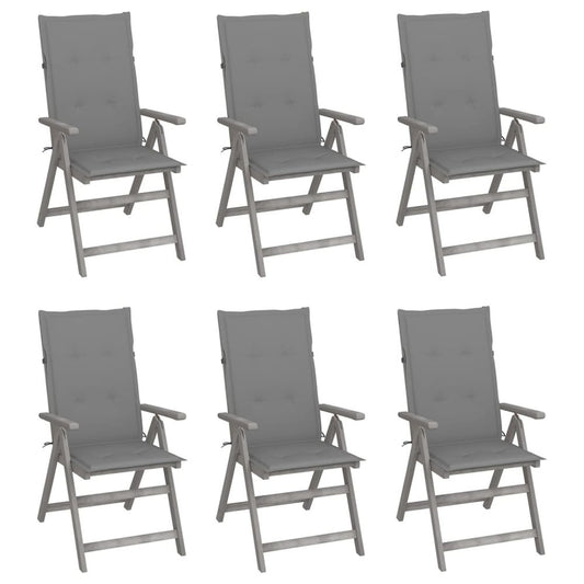 Garden Chair Set of 6 Grey Solid Acacia Wood, 100% Polyester