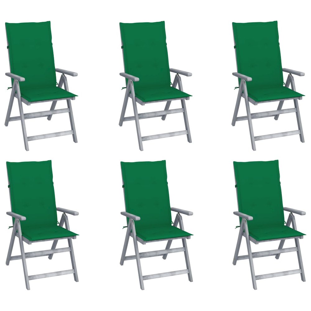 Patio Chair Set of 6 Gray, Green Solid Acacia Wood, 100% Polyester