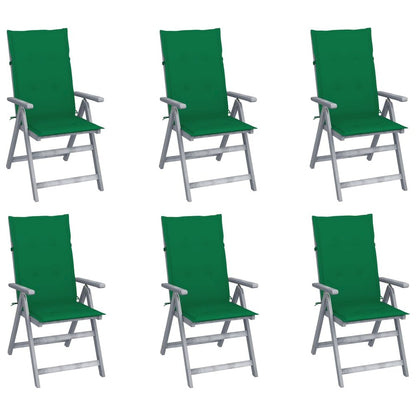 Patio Chair Set of 6 Gray, Green Solid Acacia Wood, 100% Polyester