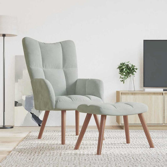 Relaxing Chair with a Stool Light Gray Velvet