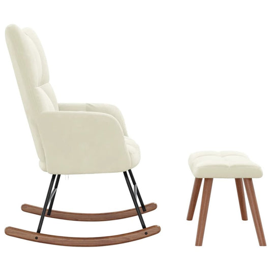 Rocking Chair with a Stool Cream White Velvet
