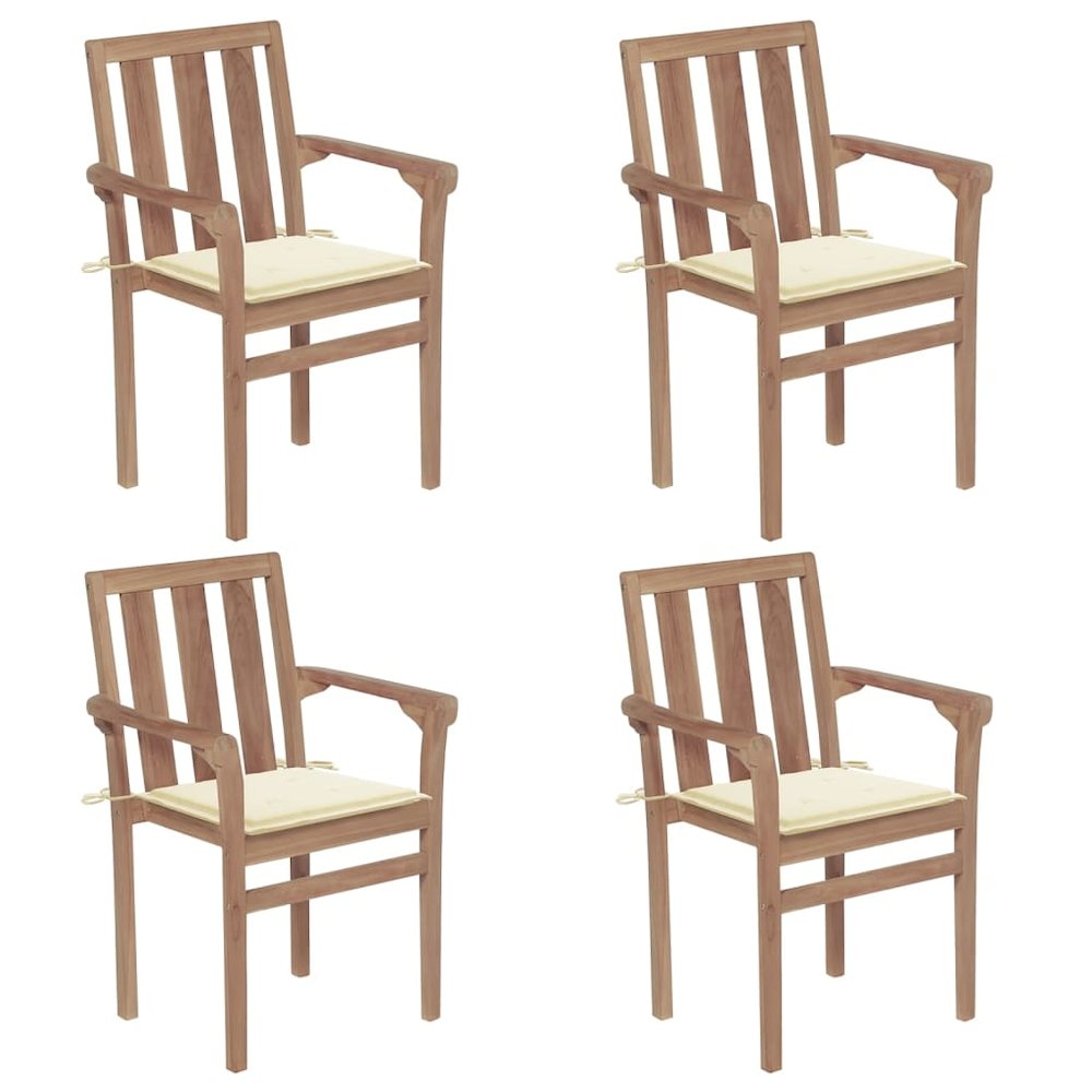 Stackable Chair Set of 4 Cream Teak wood, 100% polyester