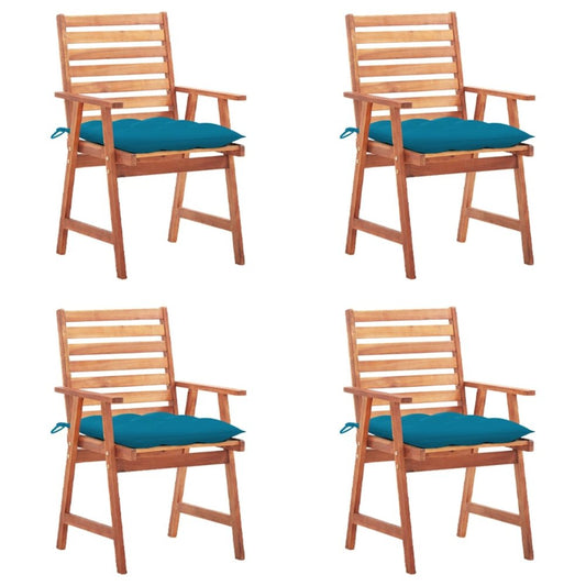 Patio Chair Set of 4 Natural Wood, Blue Cushions