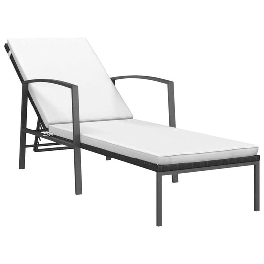 Sun Lounger Black and Cream White Poly Rattan, Powder-Coated Steel