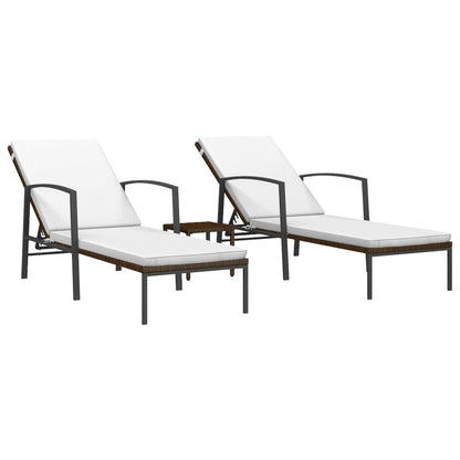 Sun Lounger With Table Set of 3 Brown Poly rattan Large