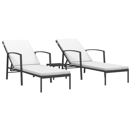 Sun Lounger With Table Set of 3 Black loungers, Cream white cushions