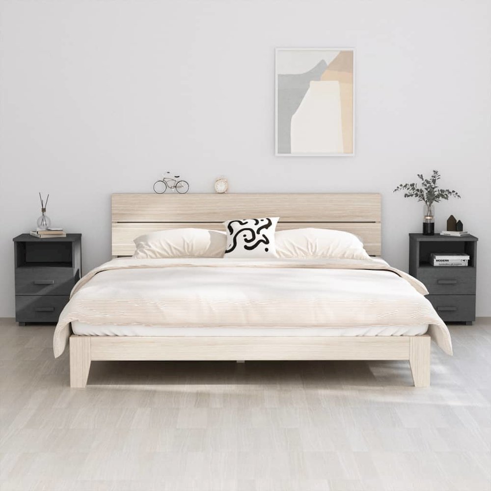 Bedside Cabinet Set of 2 Dark Grey Solid pine wood, MDF Medium