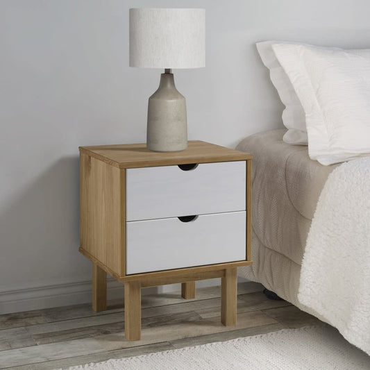 Bedside Cabinet Brown and White Solid Pine Wood, Engineered Wood