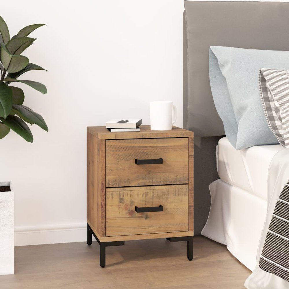 Bedside Cabinet Brown Solid pinewood, engineered wood, metal